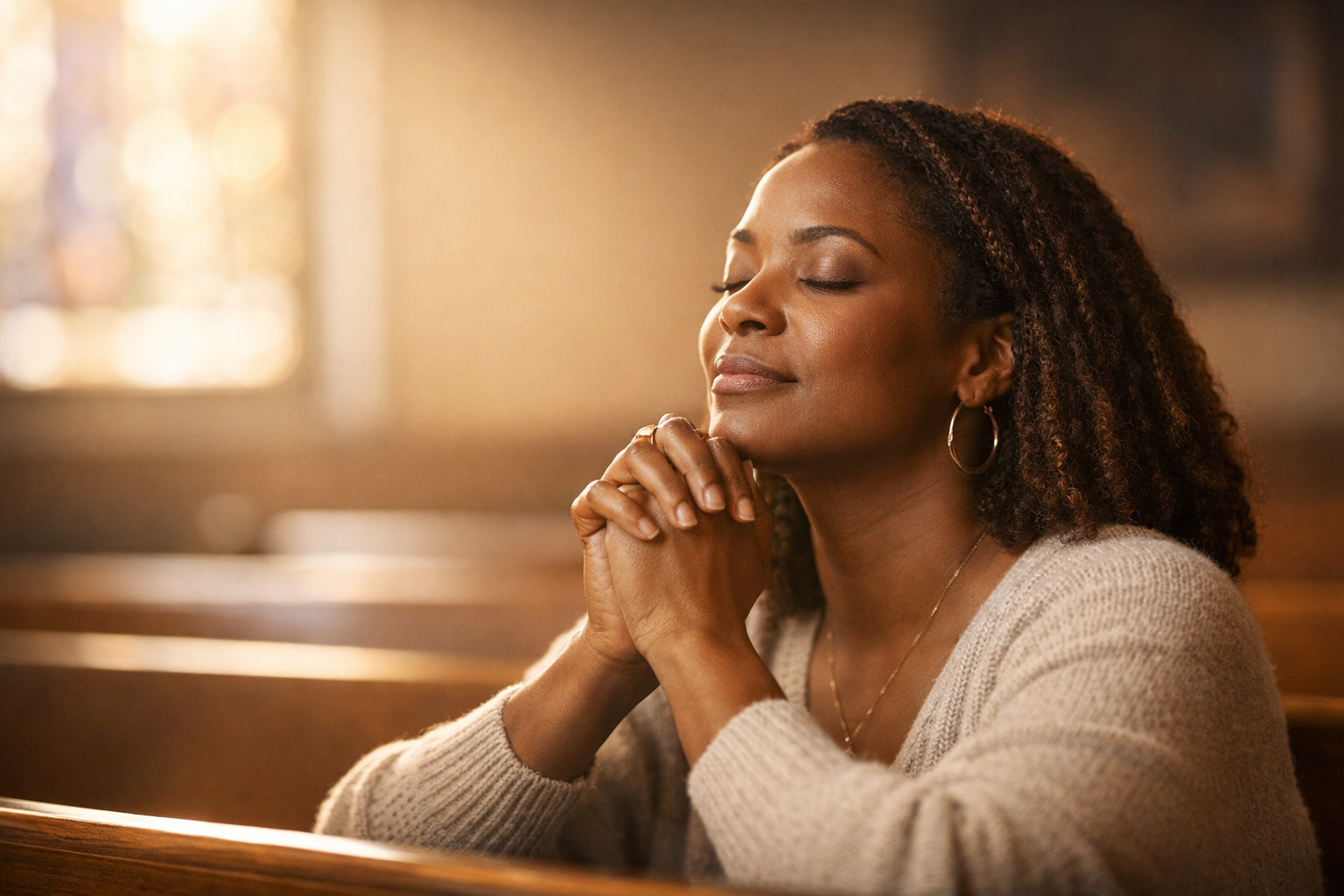 Woman in prayer representing faith, hope, and healing